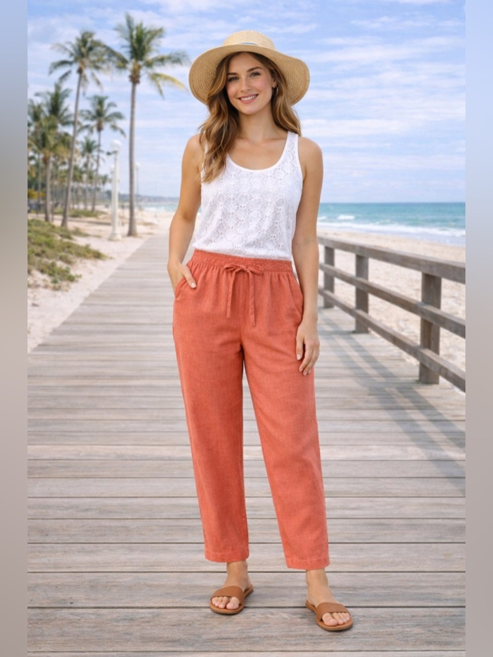 Coral Linen Blend Drawstring Pants Small | Coastal Summer Beach Relaxed Fit